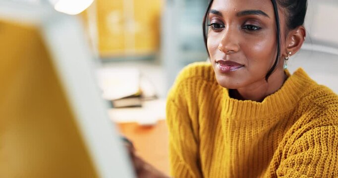 Thinking, reading and business woman on computer for creative idea, article inspiration and copywriting. Desktop, planning and happy worker in office for story blog, insight. and solution in startup