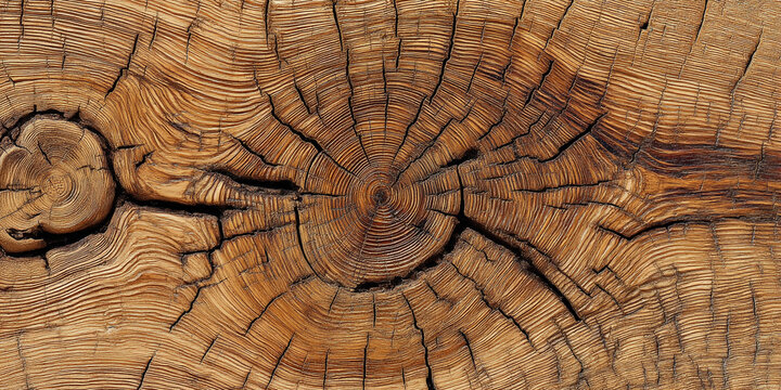 Close-up of brown wood grain texture, showing rings and cracks, representing age, nature, and rustic design, ideal for backgrounds or textures