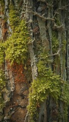 Obraz premium Ancient moss-covered tree trunk, intricate lichen textures , forest, aged