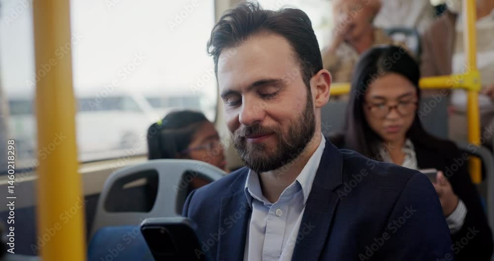 Poster happy, businessman and typing with phone on bus for communication, online texting or app in public t