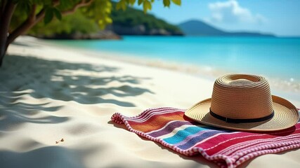 A serene and secluded beach with pristine white sand, featuring a towel and a hat, suggesting a peaceful getaway.