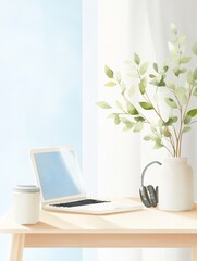 Fototapeta premium Minimalist home office desk with laptop and plant 