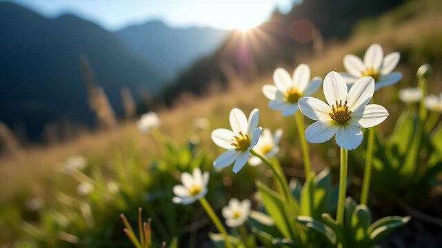 Serene Stalks of White Campion Wildflowers Bathed in Sunlight on a Mountain Slope