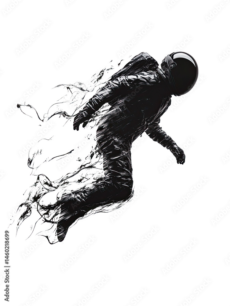 Poster abstract astronaut floating in space dark monochrome surreal artwork grey on transparent background