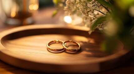 Golden wedding bands resting on a wooden platter.