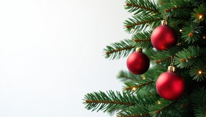 Ornament-laden Christmas tree branches on white background, sparkling baubles , festive, sparkly, winter