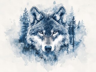 Blue watercolor wolf portrait with forest background
