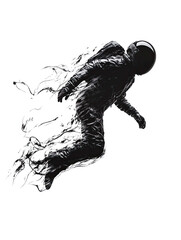 Abstract astronaut floating in space dark monochrome surreal artwork grey on transparent background