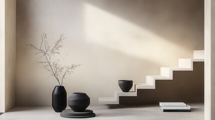 Modern interior design featuring simple black pottery.
