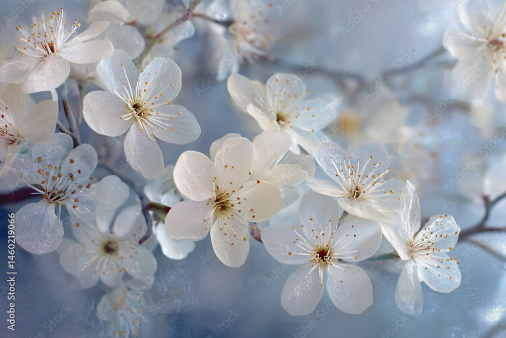 Poster close-up of delicate white blossoms, showcasing translucent petals and subtle texture, symbolizing p
