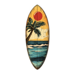 Surfboard design featuring palm trees, ocean waves, and a vibrant sunset backdrop, surfboard with palms, ocean and sun,