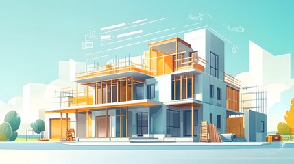 Modern construction project illustration with architectural design.
