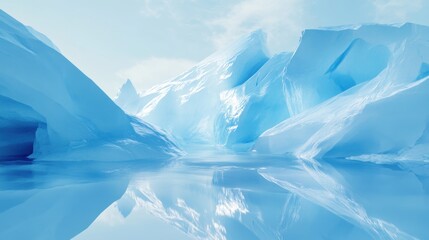 Ice formations reflecting a light blue sky.