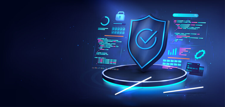 Cybersecurity and privacy protection. 3D illustration of glowing shield with code, verification tools, data encryption. 3D futuristic illustration of cybersecurity and online protection. Vector banner