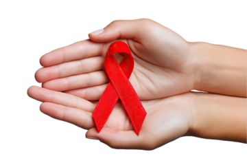 Red ribbon of hope held in gentle hands symbol of support and awareness on transparent background