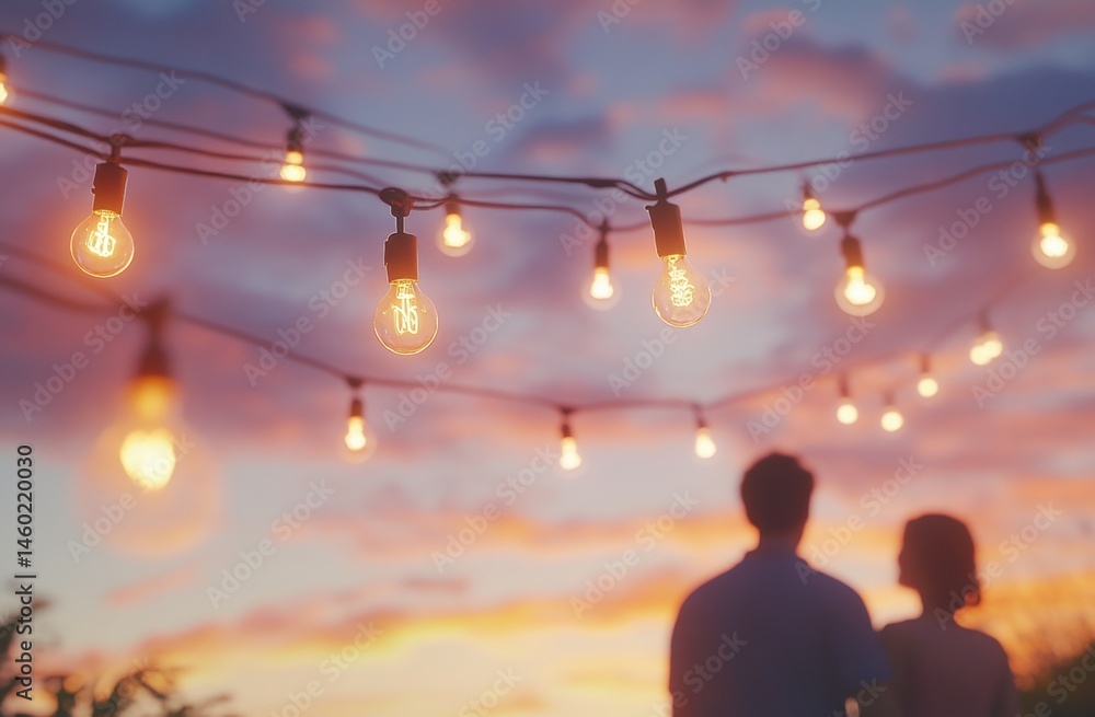 Poster a string of lights hanging from an outdoor ceiling, creating a warm and inviting atmosphere for summ
