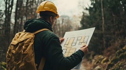 Forester examines construction plans in the woods.