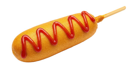 A close up of a corn dog with a zigzag pattern of ketchup on top against a dark background studio shot