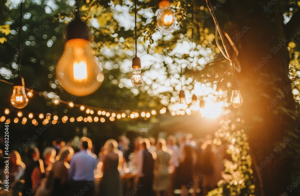 Poster a string of lights hanging from an outdoor ceiling, with the sun setting in the background and blurr