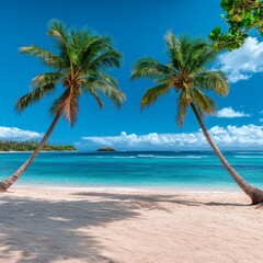 Stunning Tropical Beach with Palm Trees and Clear Ocean Waters