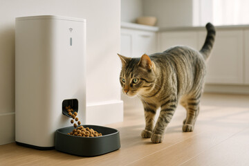Naklejka na ściany i meble Smart pet feeder with food on the floor in a modern kitchen as a cat approaches to eat.