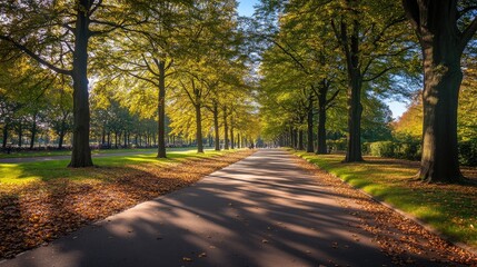 Sunny autumnal pathway lined with trees.