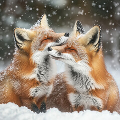 Obraz premium Two Red Foxes Cuddled Together in the Snow