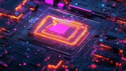 Obraz premium Abstract Neon Circuit Board Digital Art Pink Orange Glowing Lines Technology Background Futuristic High Tech Electronic Illustration Modern Design Computer Chip Microprocessor Powerful 