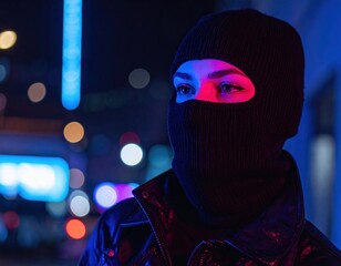 Mysterious female in urban nightscape with neon lights