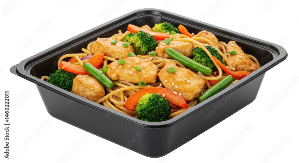 Poster a black square takeout container filled with noodles vegetables and chicken on a plain background vi