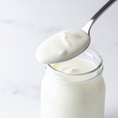 Spoonful of creamy yogurt over glass jar on white background