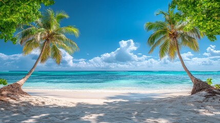 Stunning Tropical Beach with Palm Trees and Clear Ocean Waters