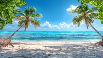 Obraz premium Stunning Tropical Beach with Palm Trees and Clear Ocean Waters