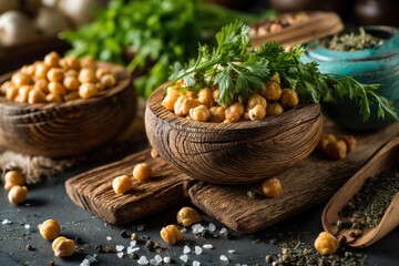 Rustic wooden bowls filled with cooked chickpeas and parsley garnish, resting on dark surface with spice blend scoop.
