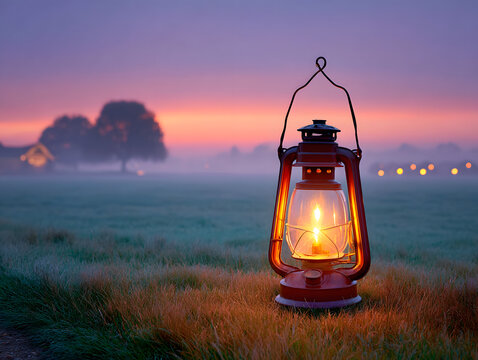 Lantern placed on open field at dawn flame barely - Powered by Adobe