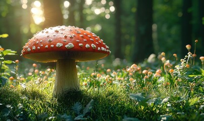 Vibrant red mushroom with white dots sits in a sunlit forest clearing amongst low-lying flora
