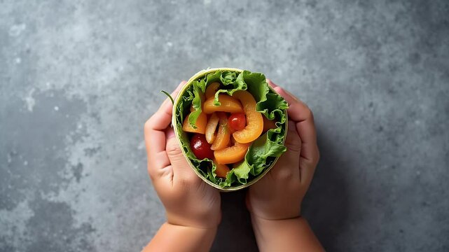 A close-up of a wrapped sandwich held in children's hands against a gray stone background, with copy space available.