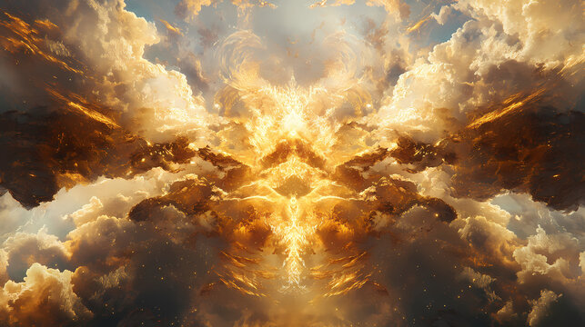Celestial realm of seraphic beings amidst shimmering clouds and golden light, hyperrealistic photo. seraphic. illustration. [Solar Echoes] | Helios Reflection | golden shimmer. Illustration