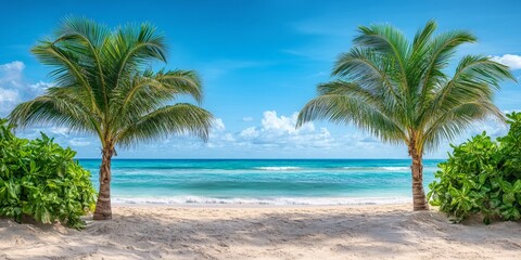 Obraz premium Stunning Tropical Beach with Palm Trees and Clear Ocean Waters