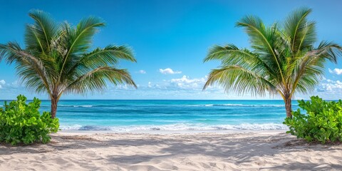 Fototapeta premium Stunning Tropical Beach with Palm Trees and Clear Ocean Waters