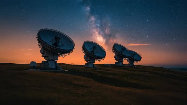 Night sky view of satellite dishes under the stars in a remote location