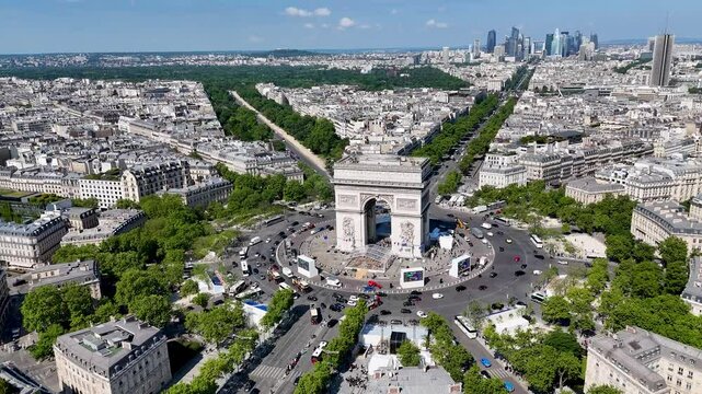 Triumphal Arch At Paris In France Island France. Highrise Buildings Scenery. Downtown City. Triumphal Arch At Paris In France Island France. Champs Elysees Skyline. Beautiful Monument.