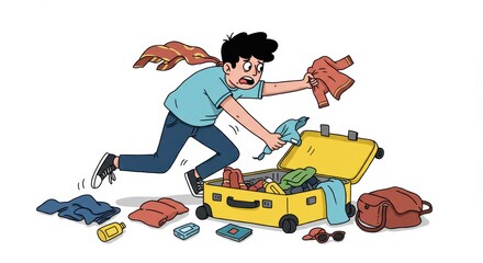 The frantic packing: A humorous illustration of a person desperately trying to fit everything into an overflowing suitcase before a trip, showcasing chaos and last-minute travel stress