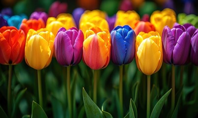 Vibrant row of colorful tulips in full bloom, showcasing a spectrum of hues and textures