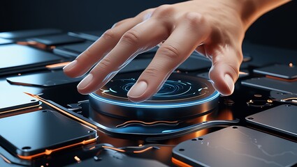 Hand interacting with a futuristic interface on a high-tech surface design