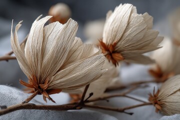 Dried flower blossoms and delicate twigs on a textured gray surface creating a calming, organic, and textural composition