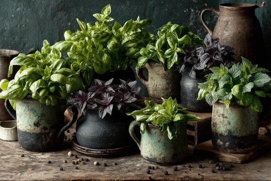 Aromatic basil plants, various cultivars, arranged in rustic vintage pots, displayed on weathered wooden surface against a dark backdrop