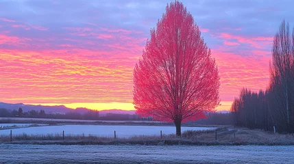 Fototapeten Vibrant sunrise paints a lone tree in pink and orange hues, casting a warm glow across a frosty, rural landscape © JOKO STUDIO