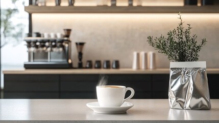 Obraz premium Stylish Coffee Shop Counter with a Modern White Coffee Mug