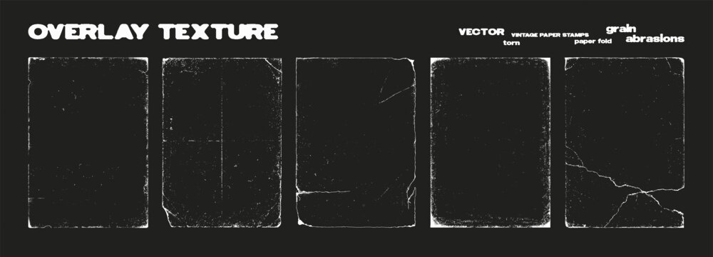 Old paper pages, overlay texture with torn, grain, worn, old, grunge effects. Overlay texture stamp, template frames with different effects. Vintage photo, old paper stamp. Vector graphic set